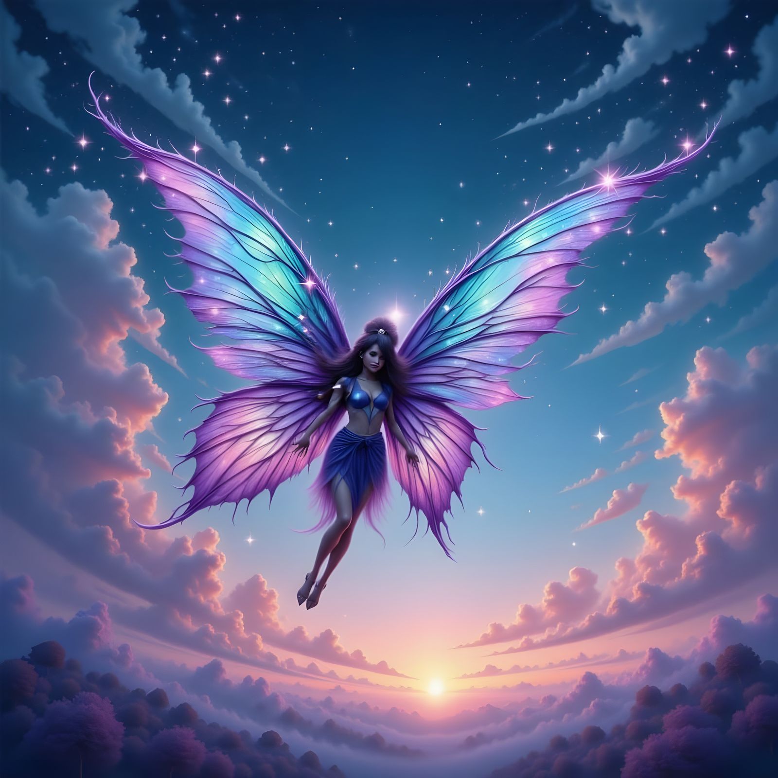 Fantastical Fairy in Ethereal Twilight Sky