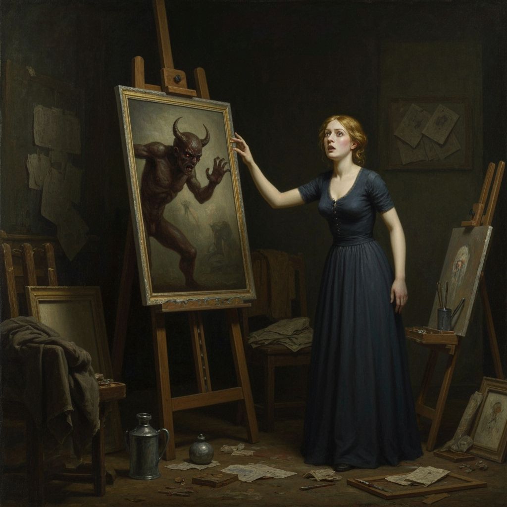 Terrified Artist Confronts Demon in Impressionistic Oil Pain...