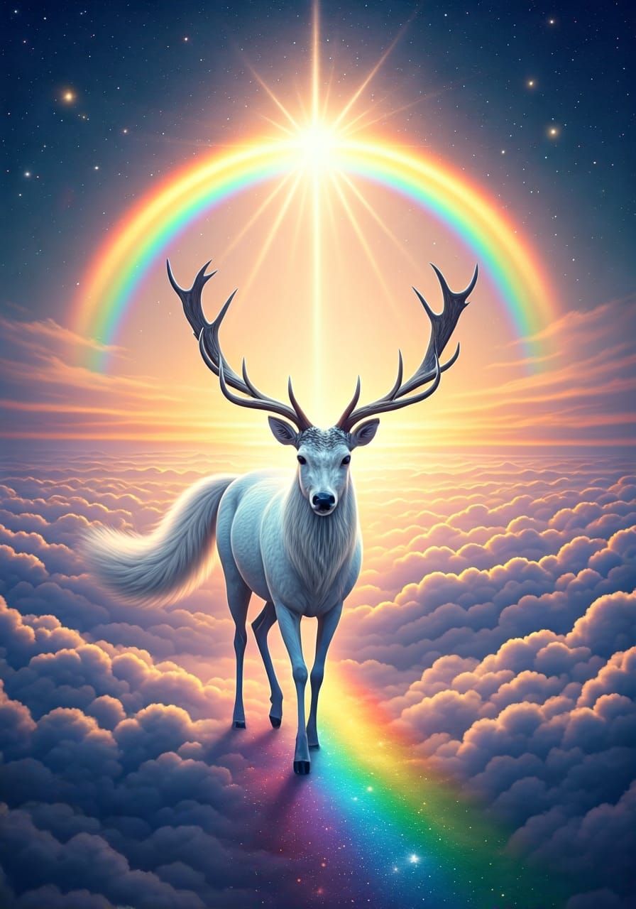 Mythical Deer-Fox-Unicorn on Rainbow Path