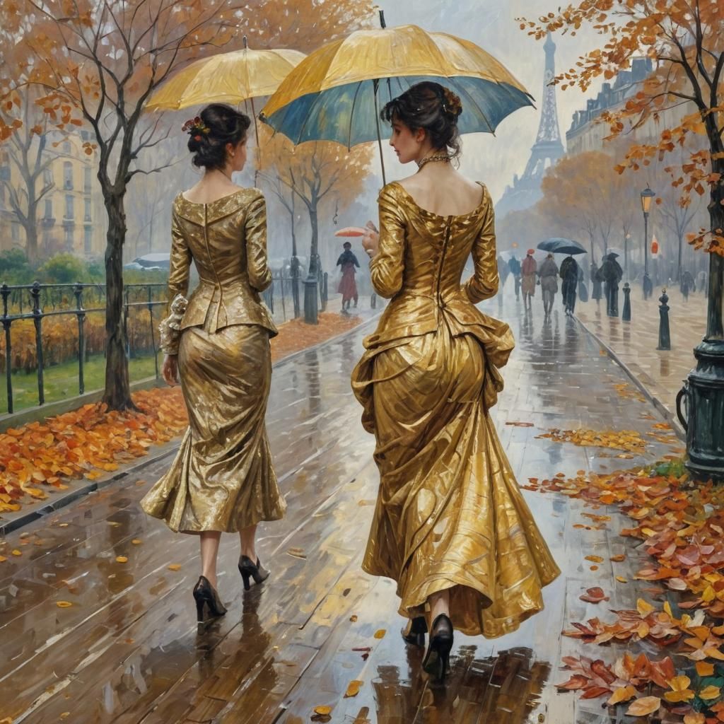 Parisian Autumn: Golden Dresses in Rainy Landscape