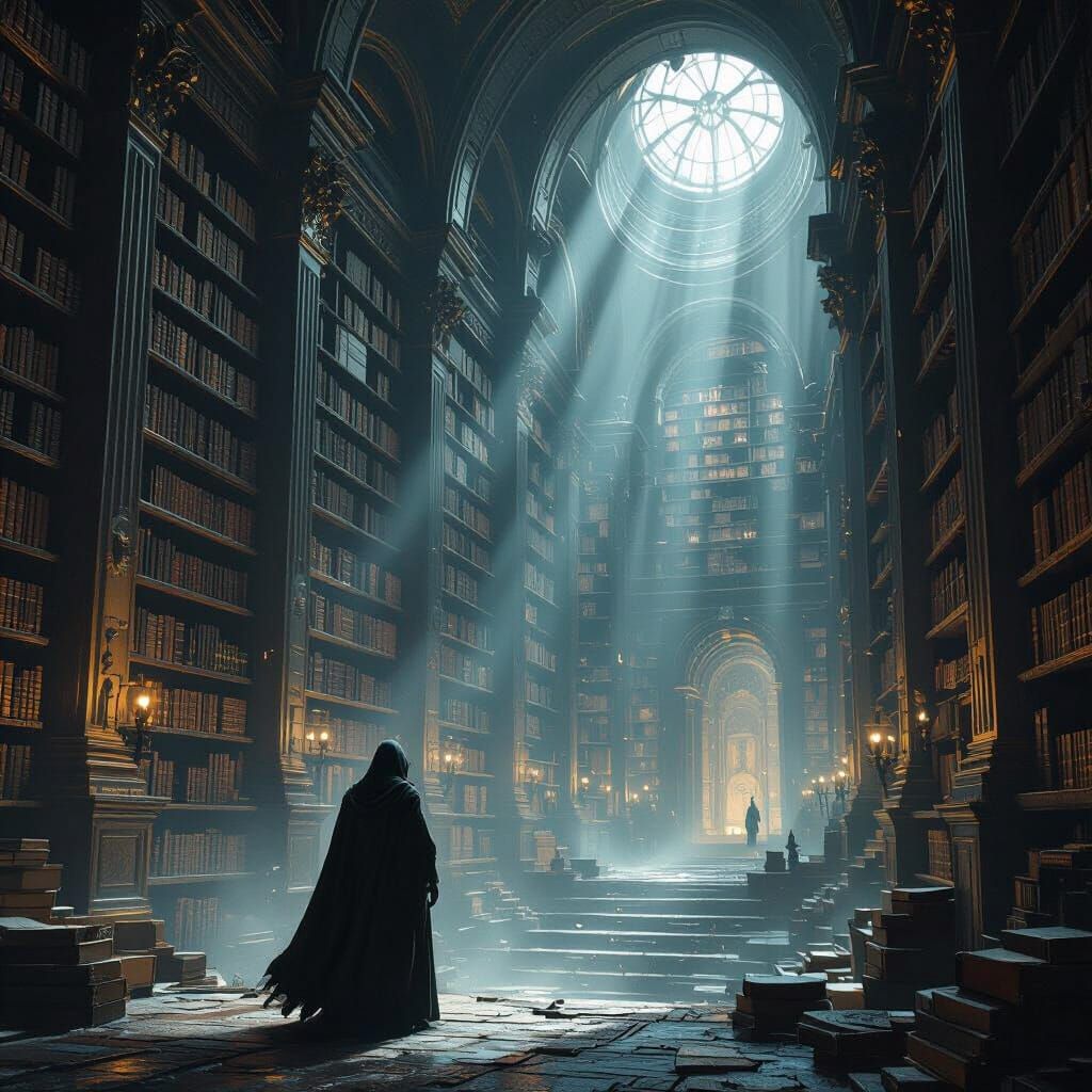 Weary Traveler at Ancient Library Precipice