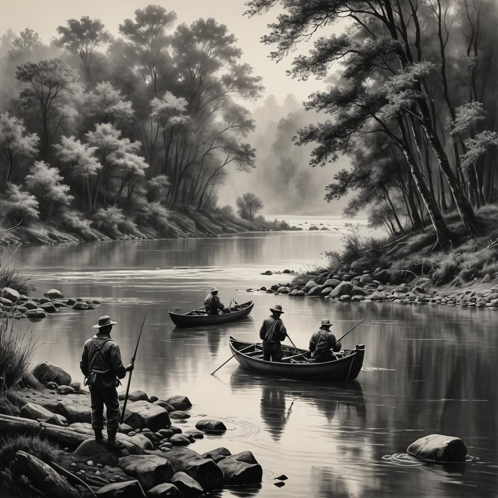 Hyperdetailed Charcoal Drawing: Fishermen on River