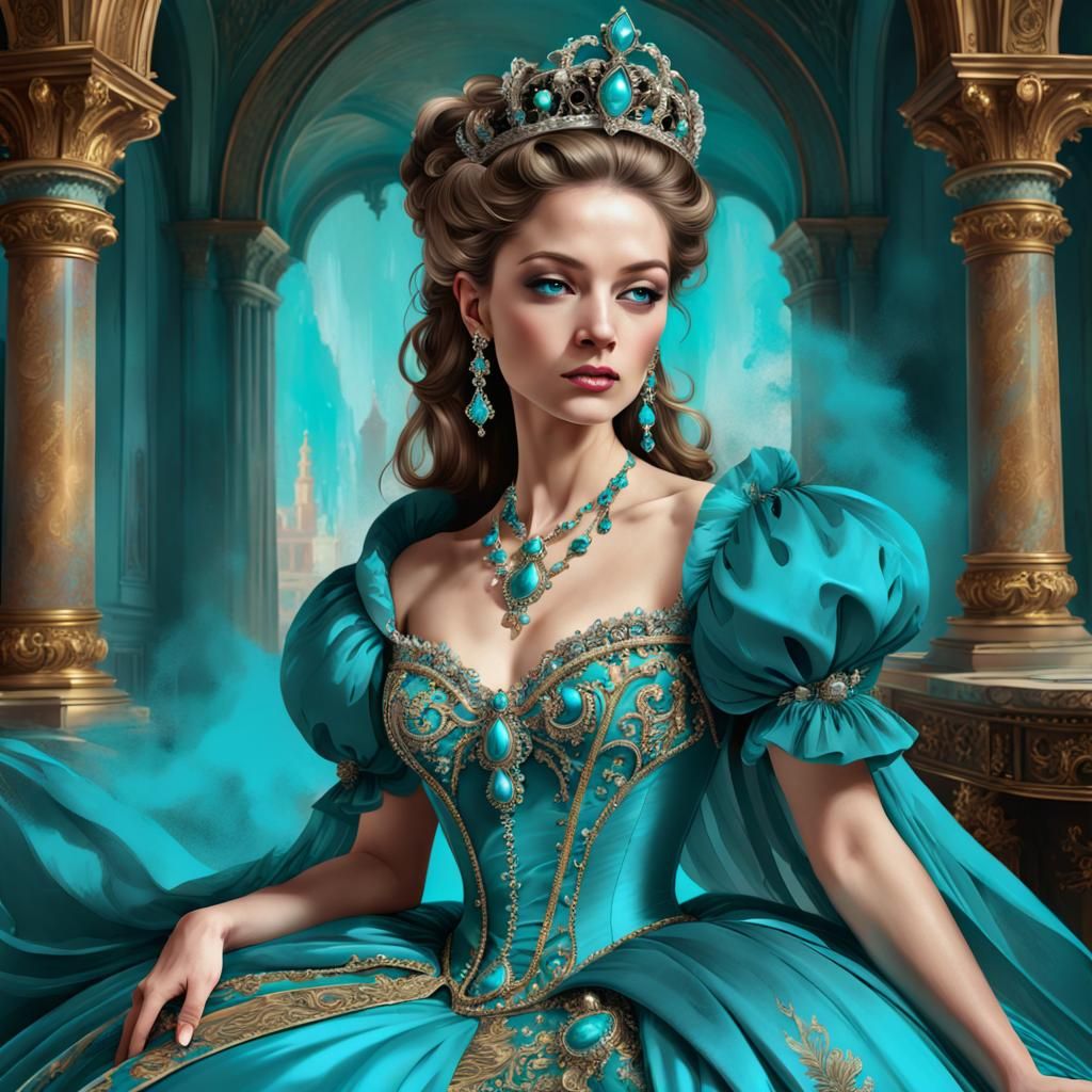 Renaissance Queen in Turquoise Ballgown, Ornate Jewellery