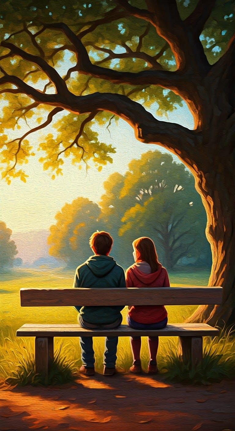 Two Friends Contemplate Under a Golden Oak Tree