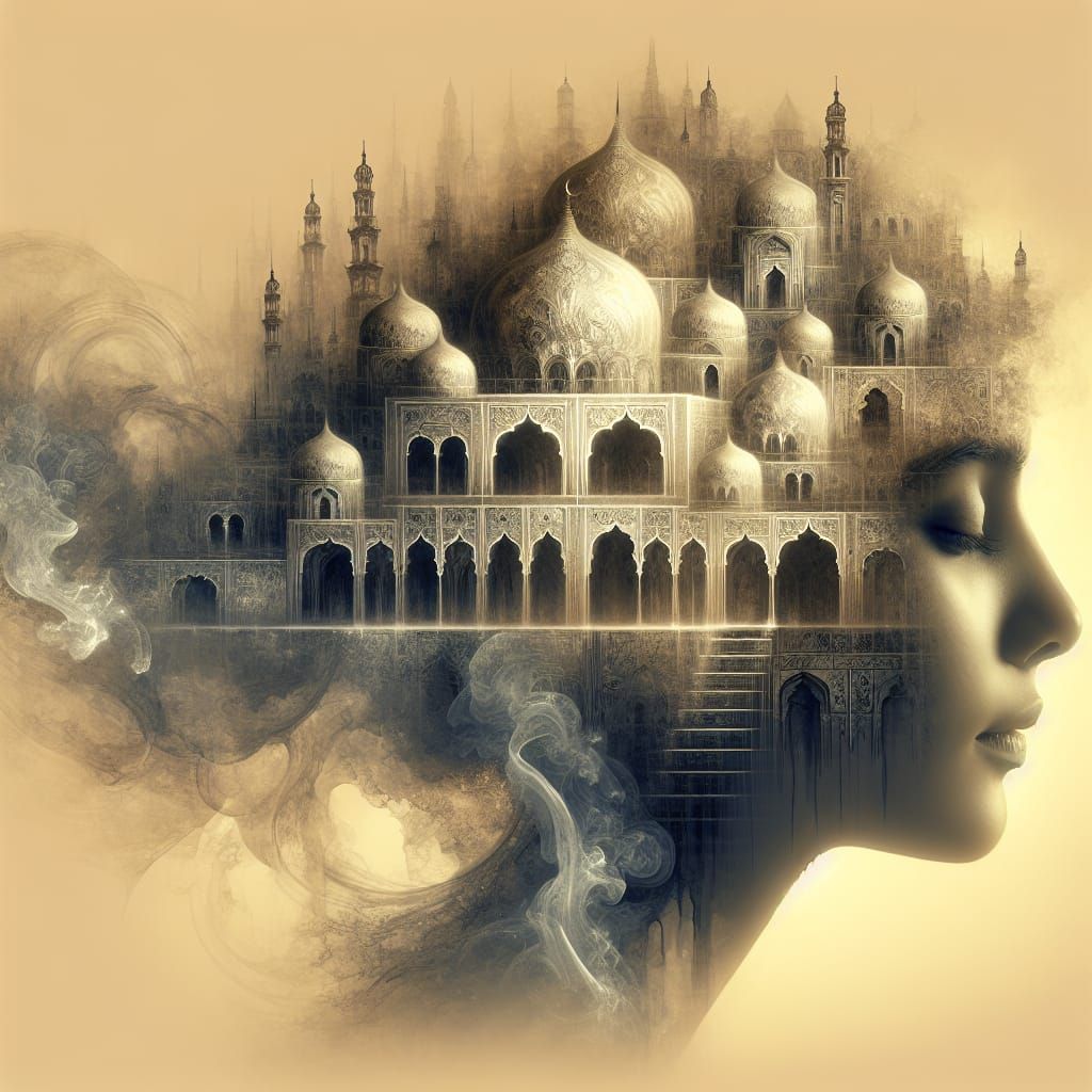 South Asian Woman Dissolving into Architectural Maze