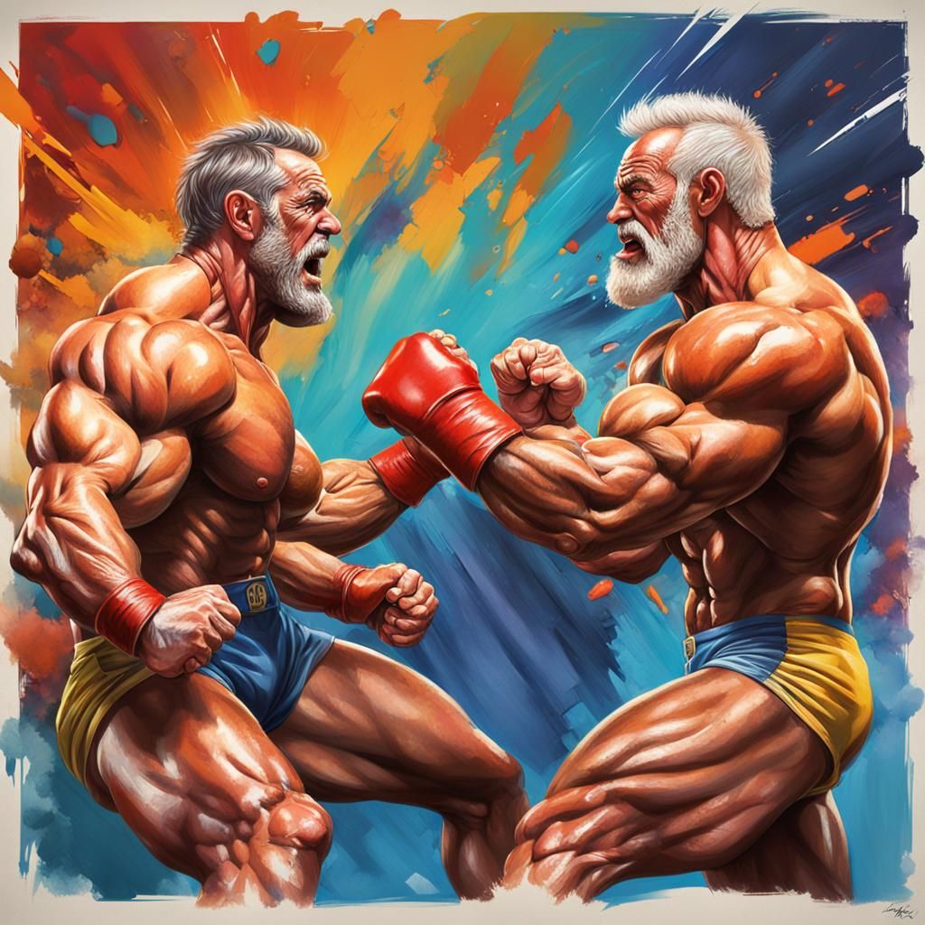 Muscular Dads Fighting: Hyperrealistic Splash Art