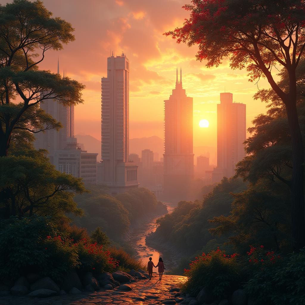 Metropolis Sunrise in Autumn: Matte Painting Concept Art