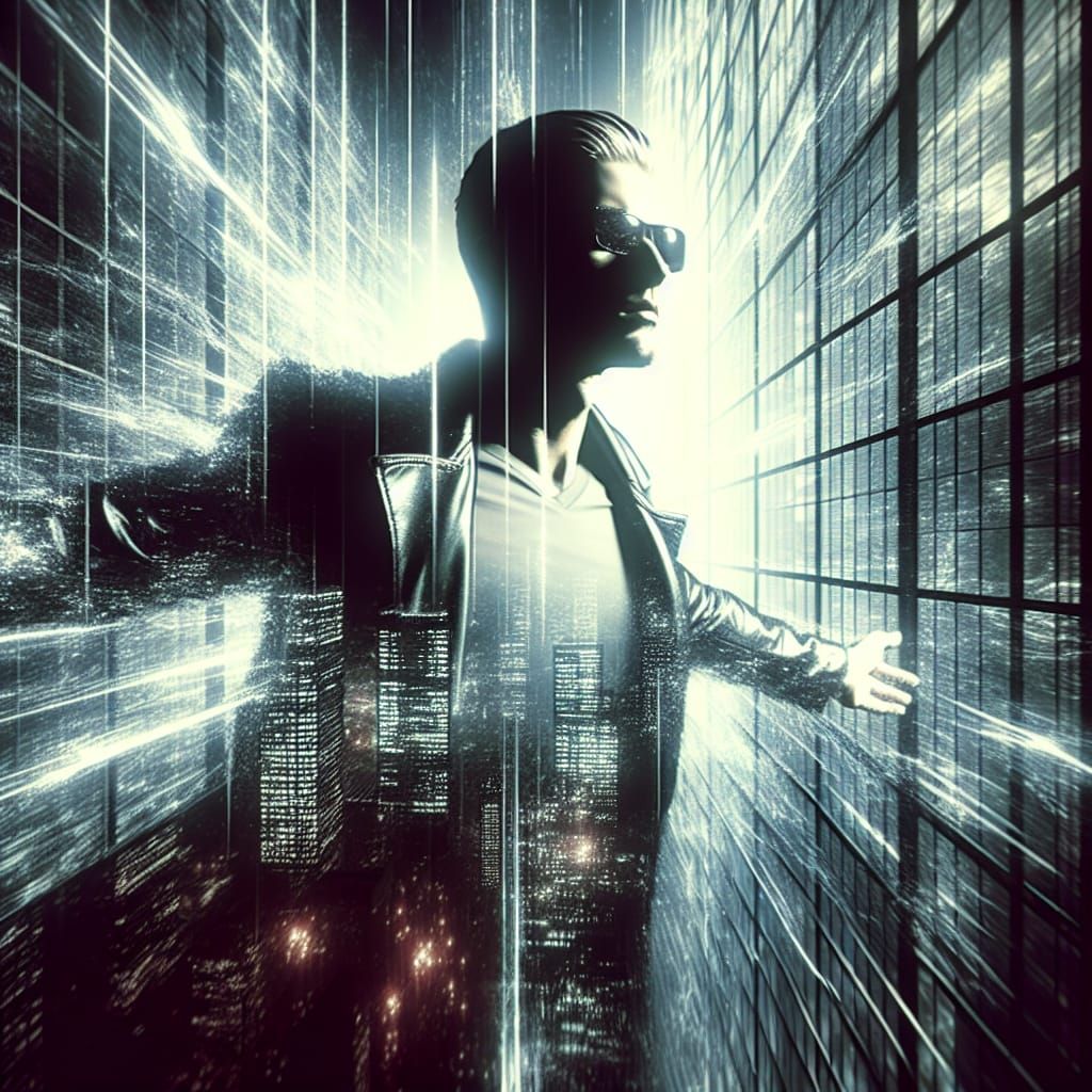 Cyberpunk Descent: Man Falling Through Matrix Skyline