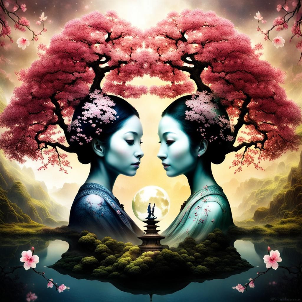 Yin-Yang Geisha Goddesses with Sakura Blossoms