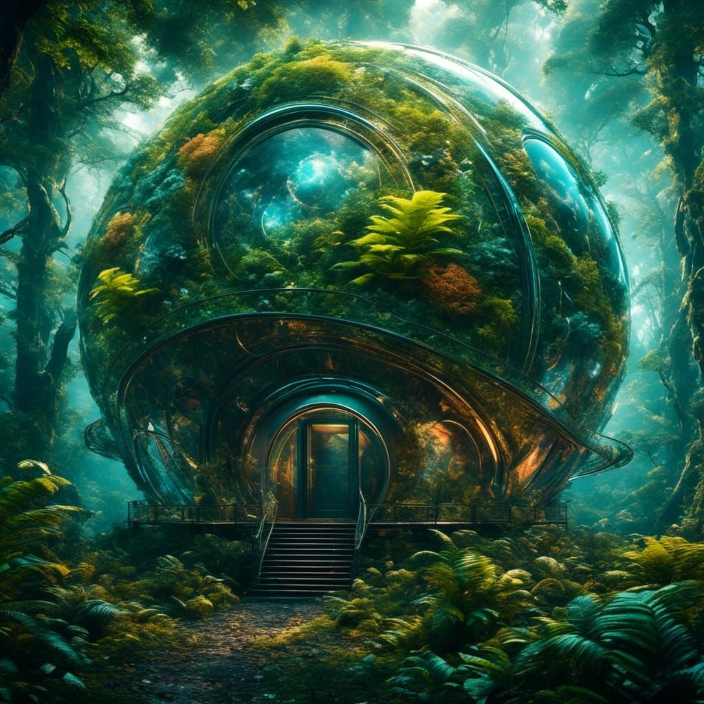 Neon Eco-Dome Soaring Through Space Nebula