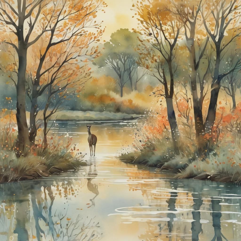 Whimsical River Scene with Deer, Art Nouveau Rococo