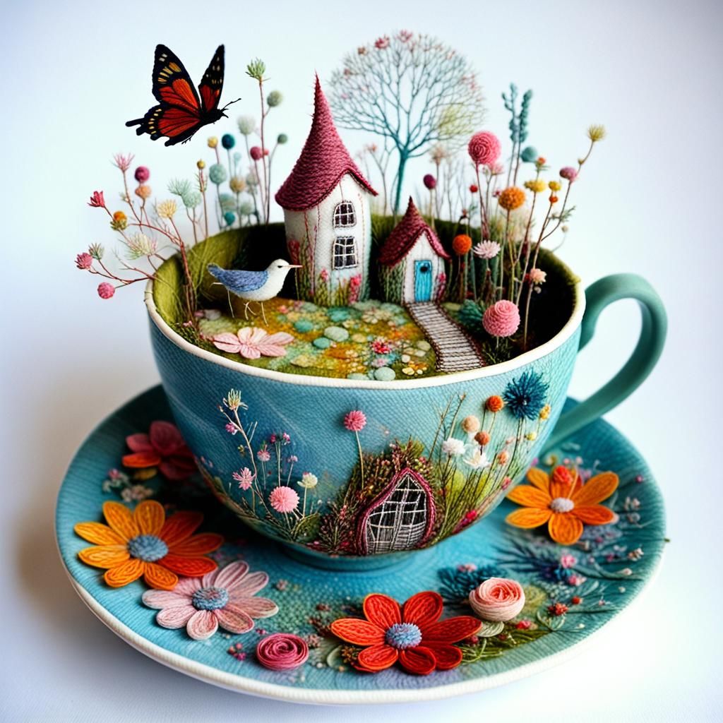 Teacup Garden: Surreal Mixed Media Textile Art