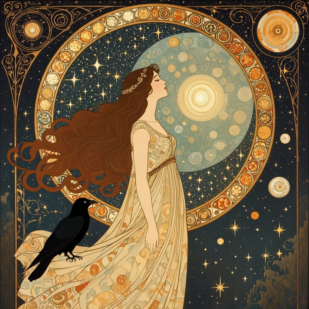 Mystical Woman Adrift in Cosmic Klimt Style
