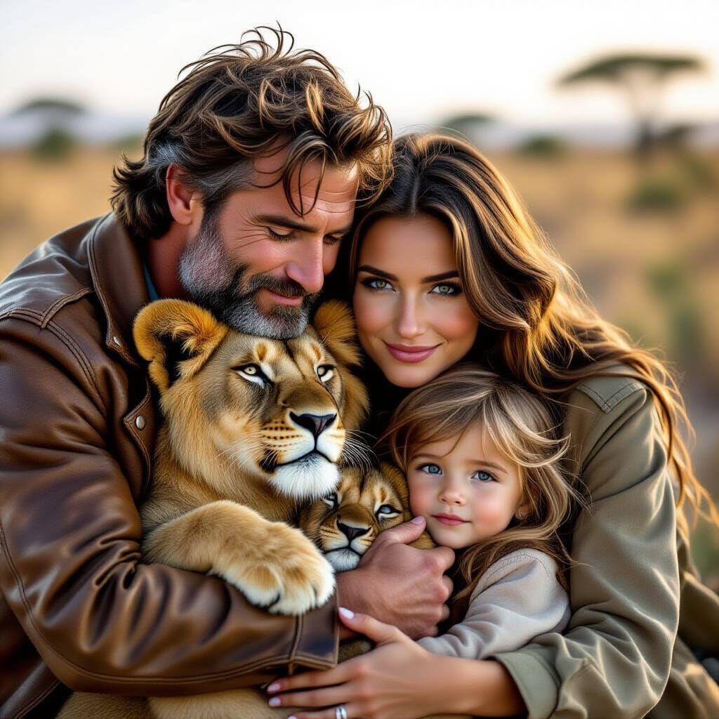 Family Hugs Lions: A Heartwarming Cinematic Scene