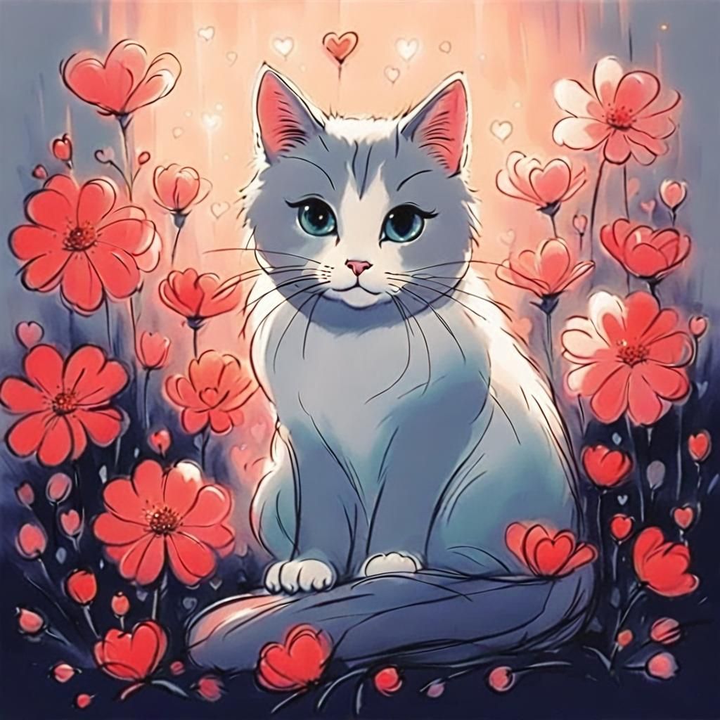 Cute Cat Surrounded by Flowers in Keane Style