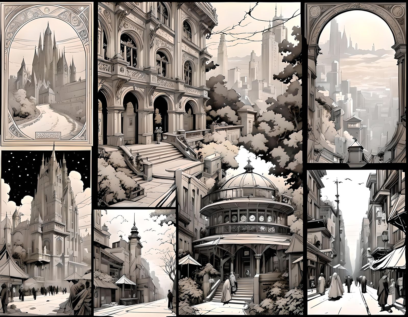 Comic Book Art Nouveau Panels by Doran, Kaluta