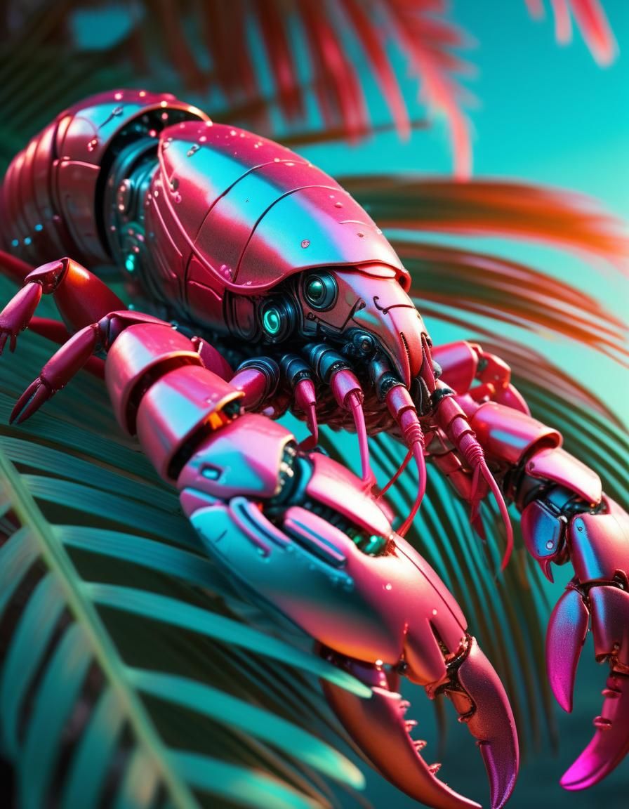 Robot Lobster Shelters Under a Neon Palm Tree
