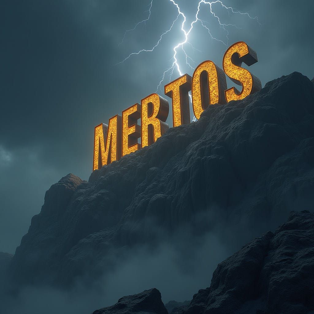 Golden MERTOS Letters on a Stormy Mountain Peak, in a Cinema...