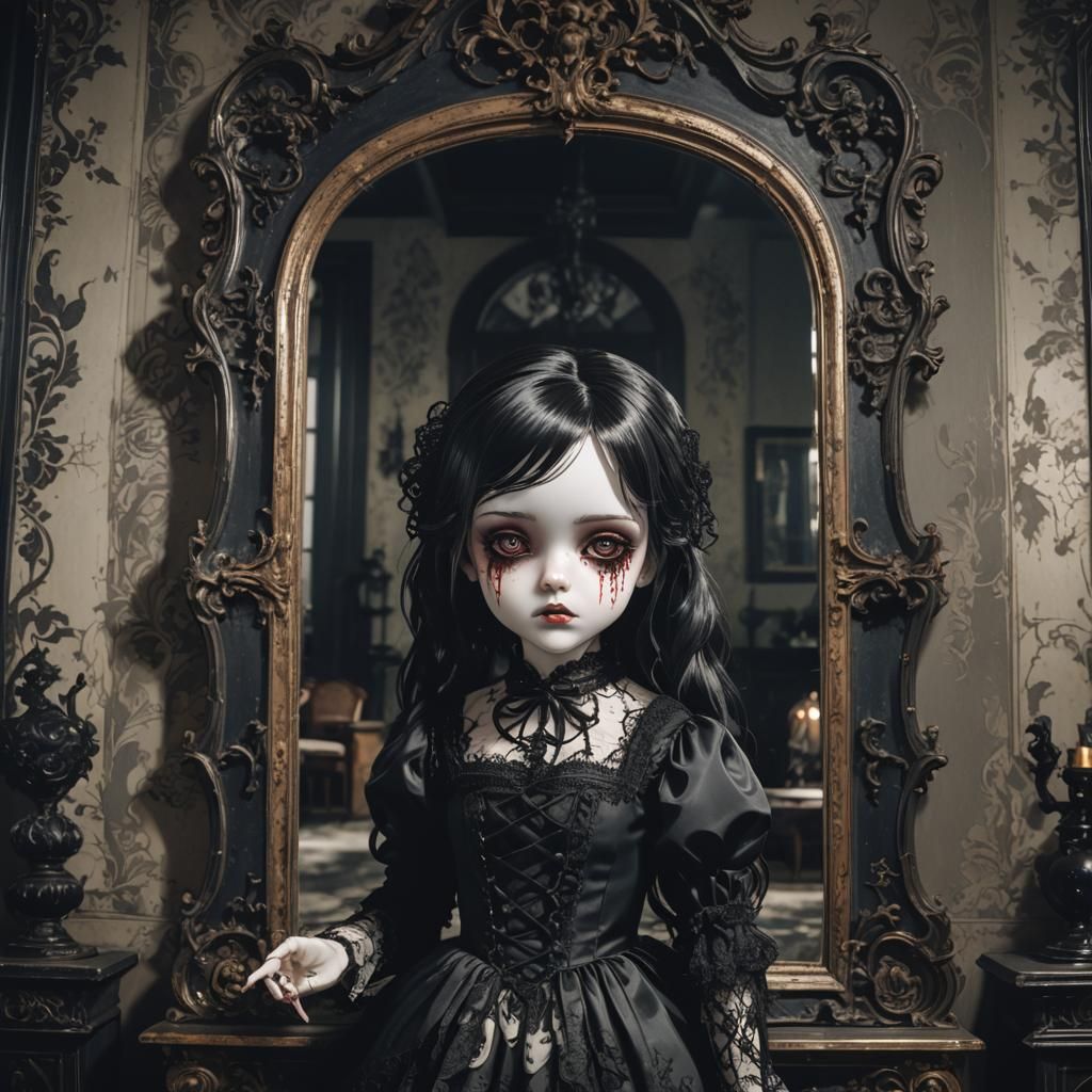 Creepy Gothic Doll Reflecting in Gloomy Mansion