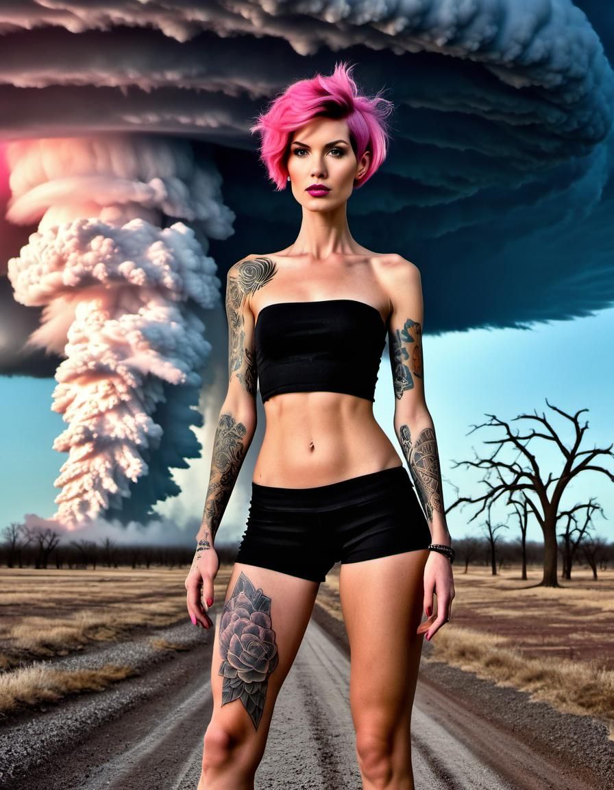 Tornado Woman with Tattoos in Cubist Horror Style