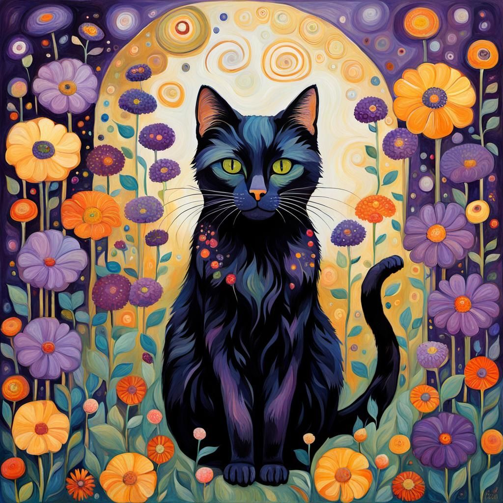 Whimsical Black Cat in Garden, Klimt-Inspired Art