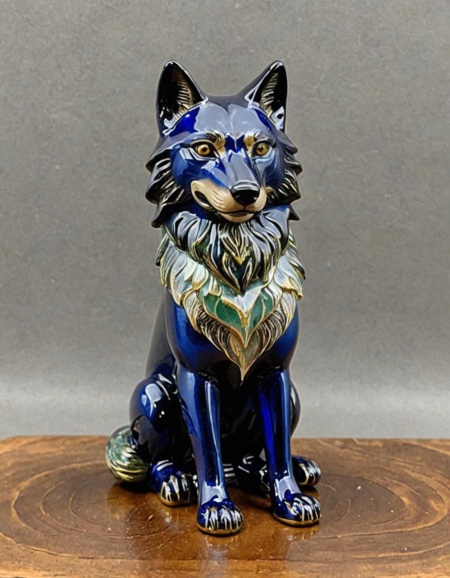 Enameled Glass Wolf Figurine Art