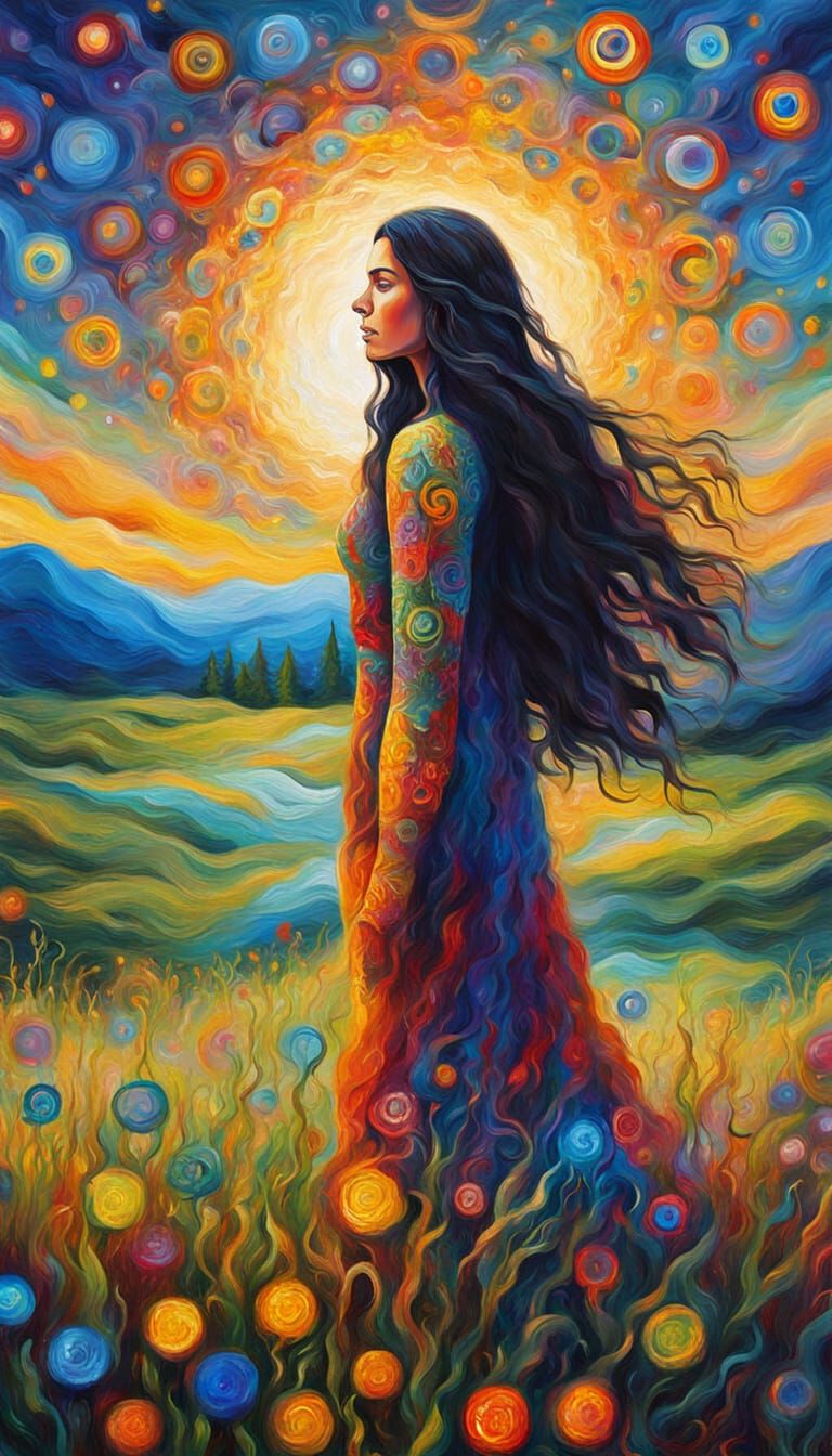 Woman in Meadow with Chakra Symbols as Impasto Painting