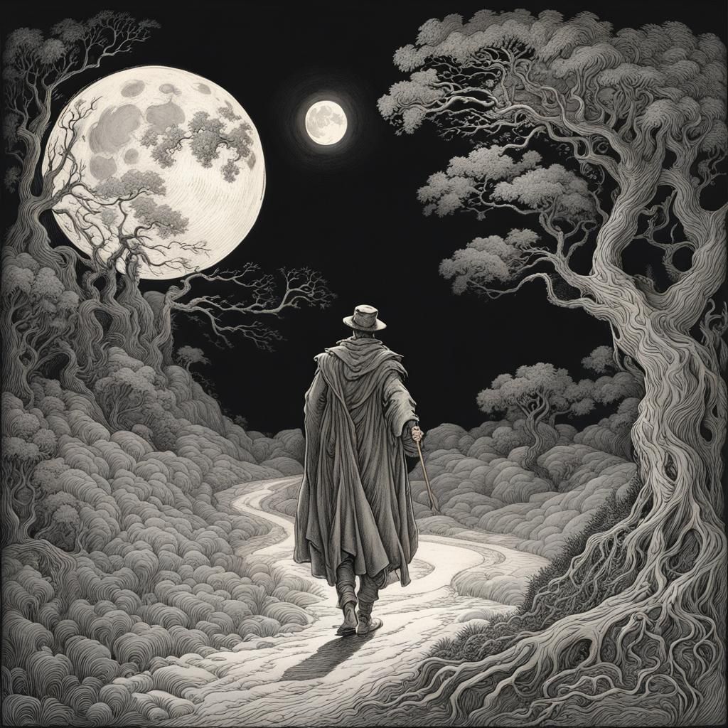 Wanderer Under Moonlight: Intricate Black Pencil Line Art