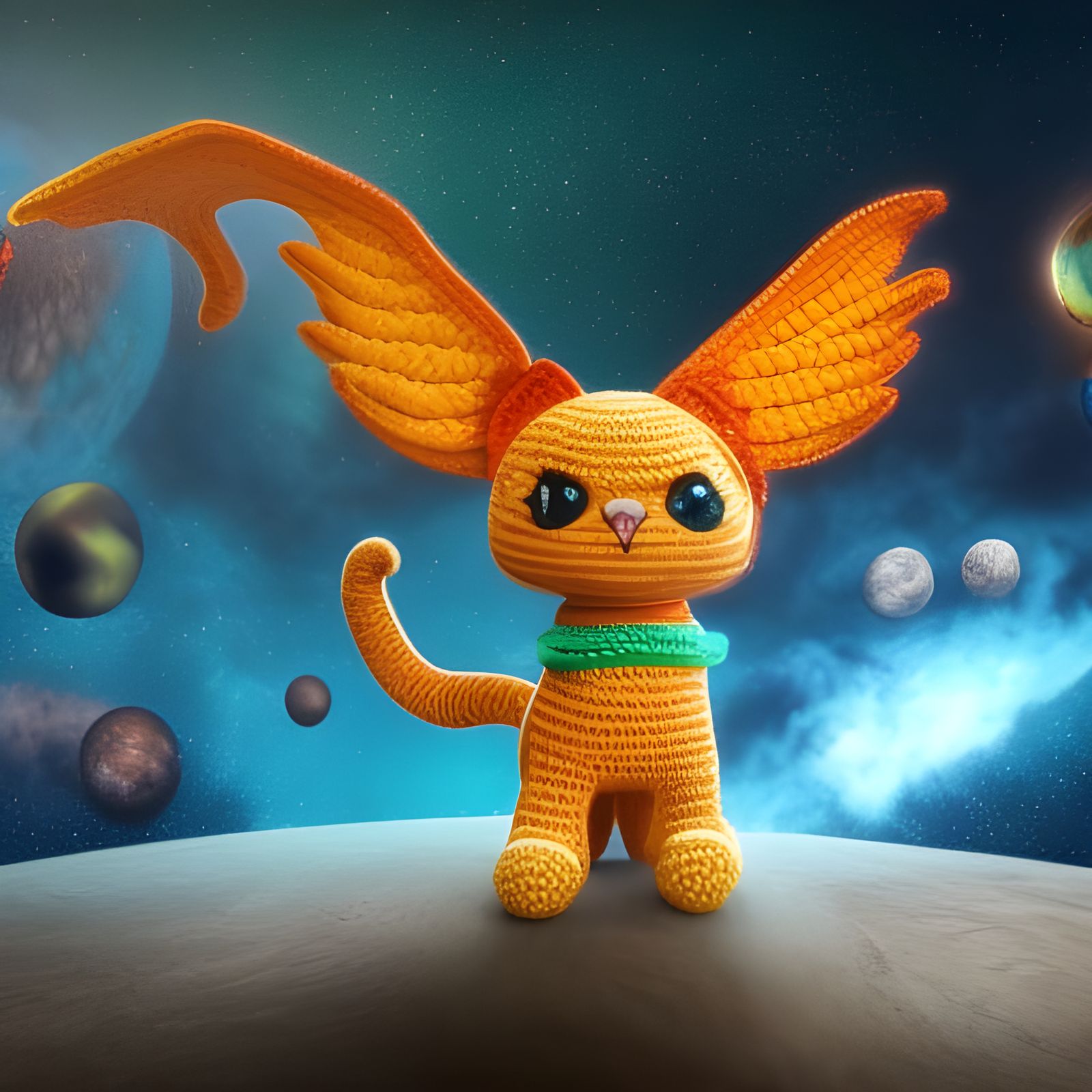 Crocheted Winged Cats in Space: Detailed Matte Painting