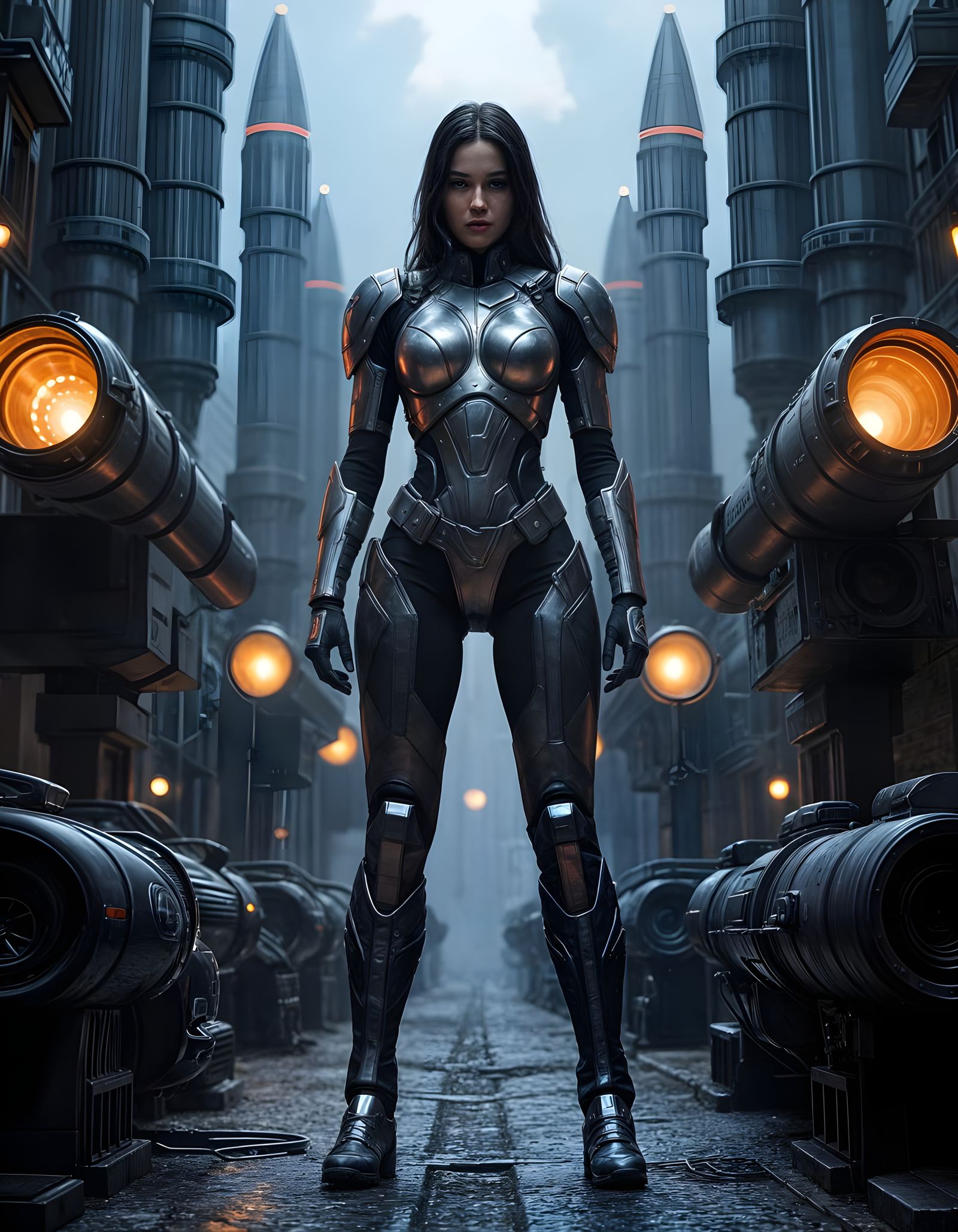 Sci-Fi Warrior Amidst Advanced Artillery