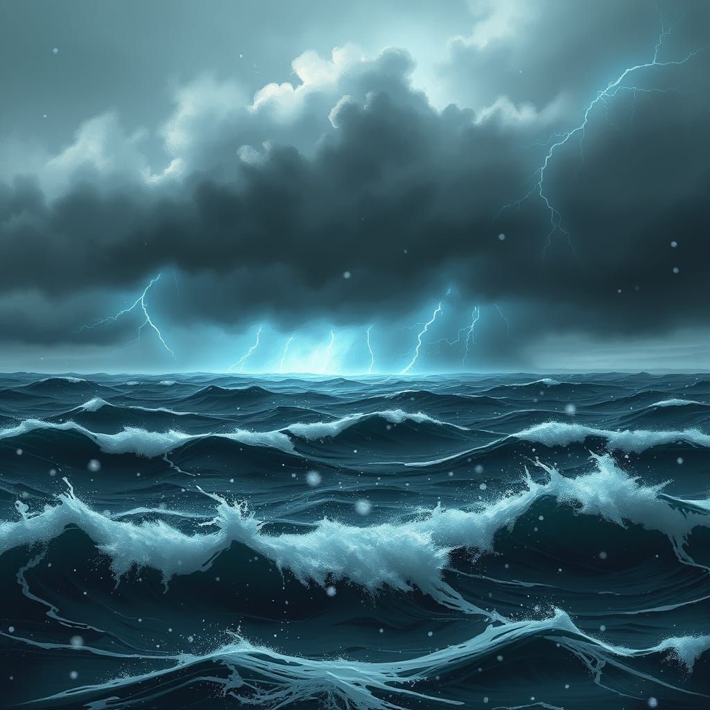 Dark Stormy Seascape with Turbulent Snow and Electric Lightn...