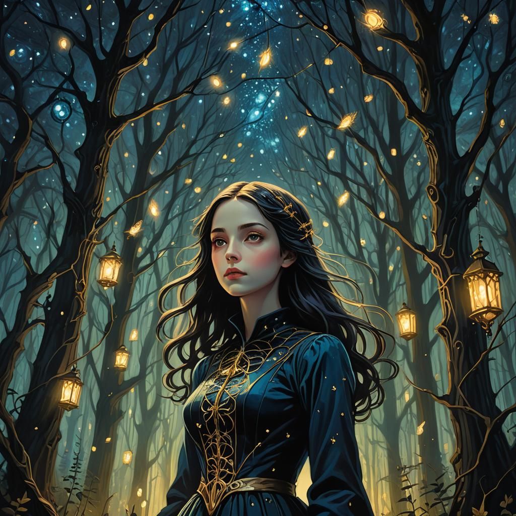 Eerie Forest Girl in Zaffre Hues as Digital Art