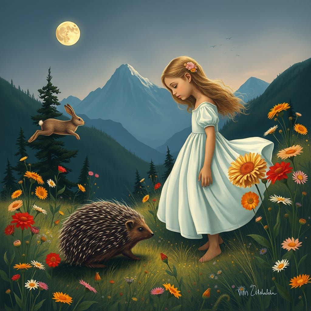 Gentle Girl and Hedgehog in Moonlit, Symbolist Landscape