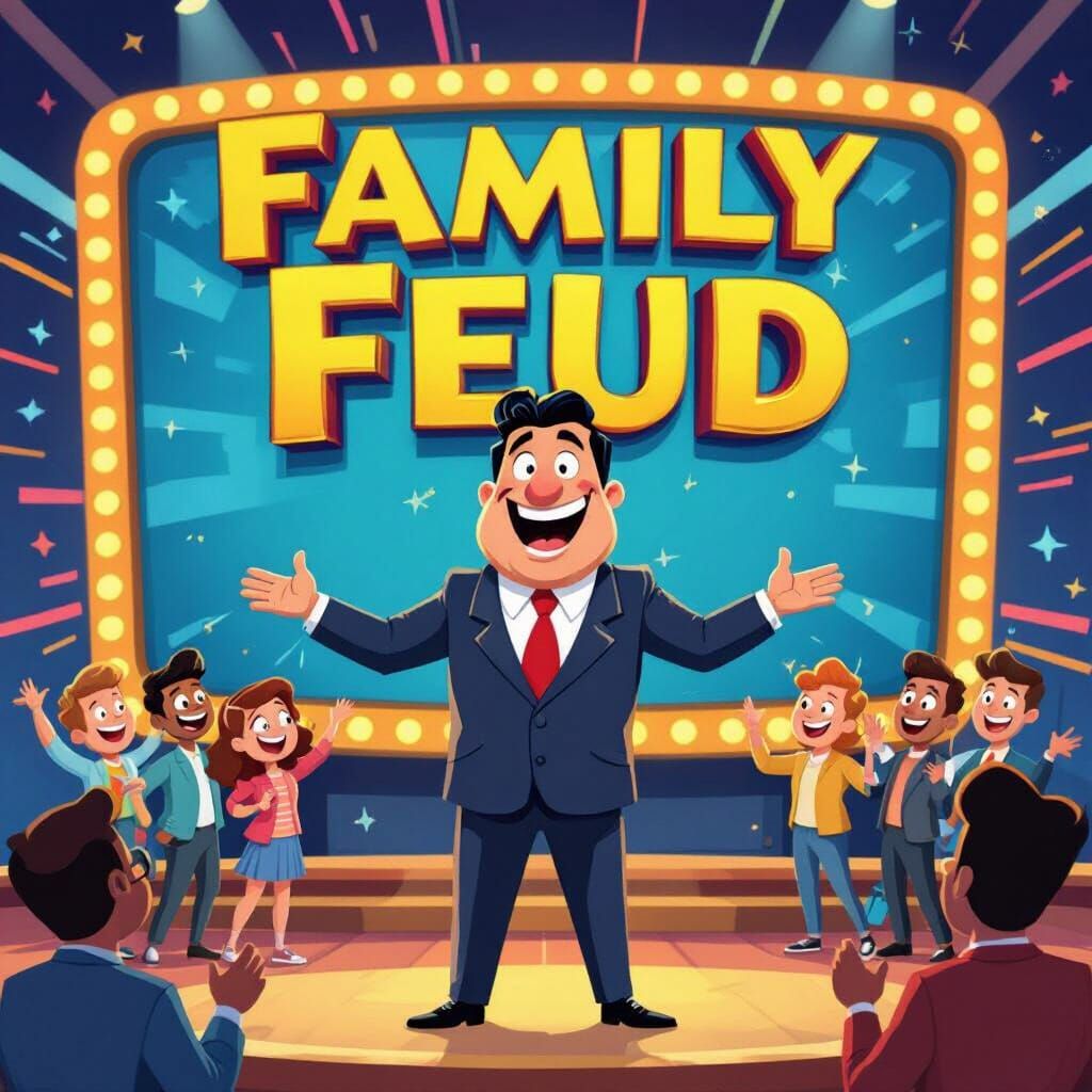 Vibrant Cartoon Game Show Set with Family Feud Logo