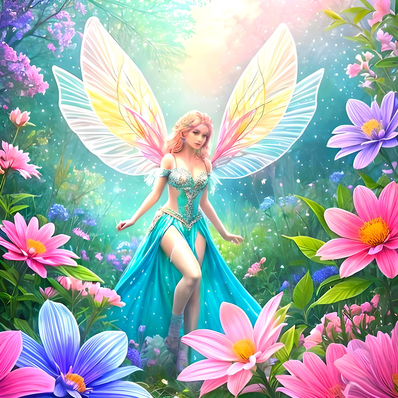 Sparkly Fairy Surrounded by Fantastic Flowers