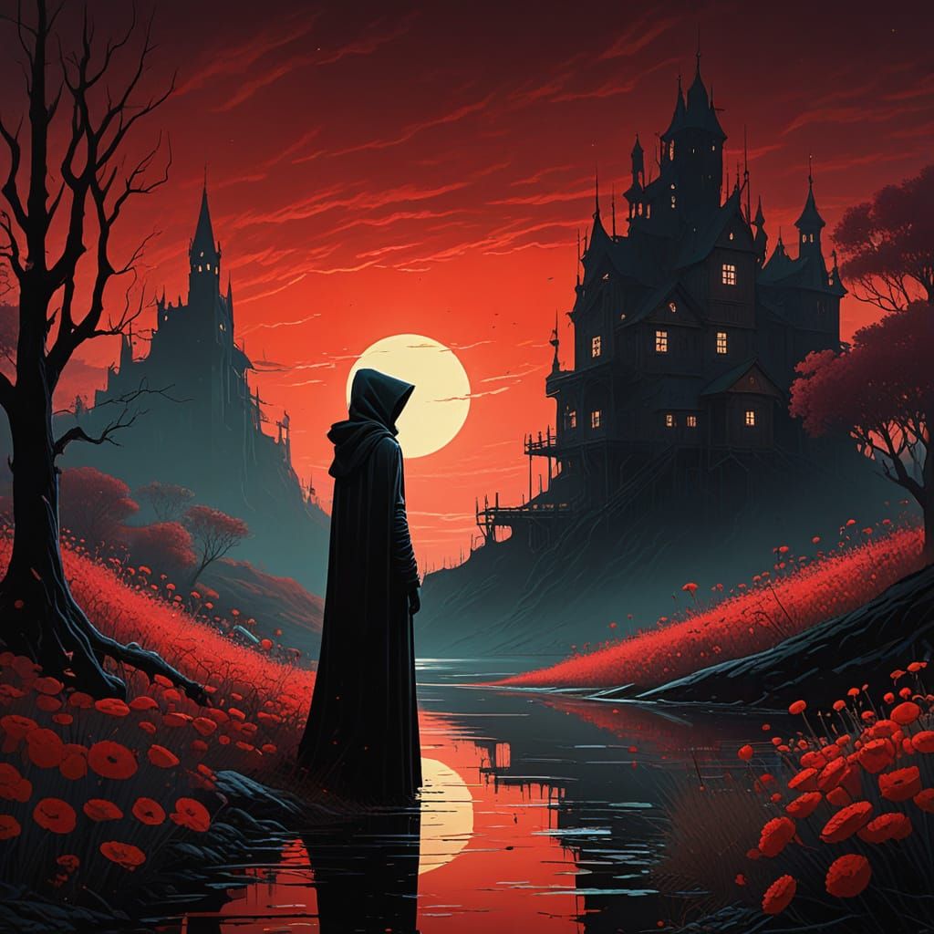 Mysterious Woman Under Dark, Blood-Red Moon