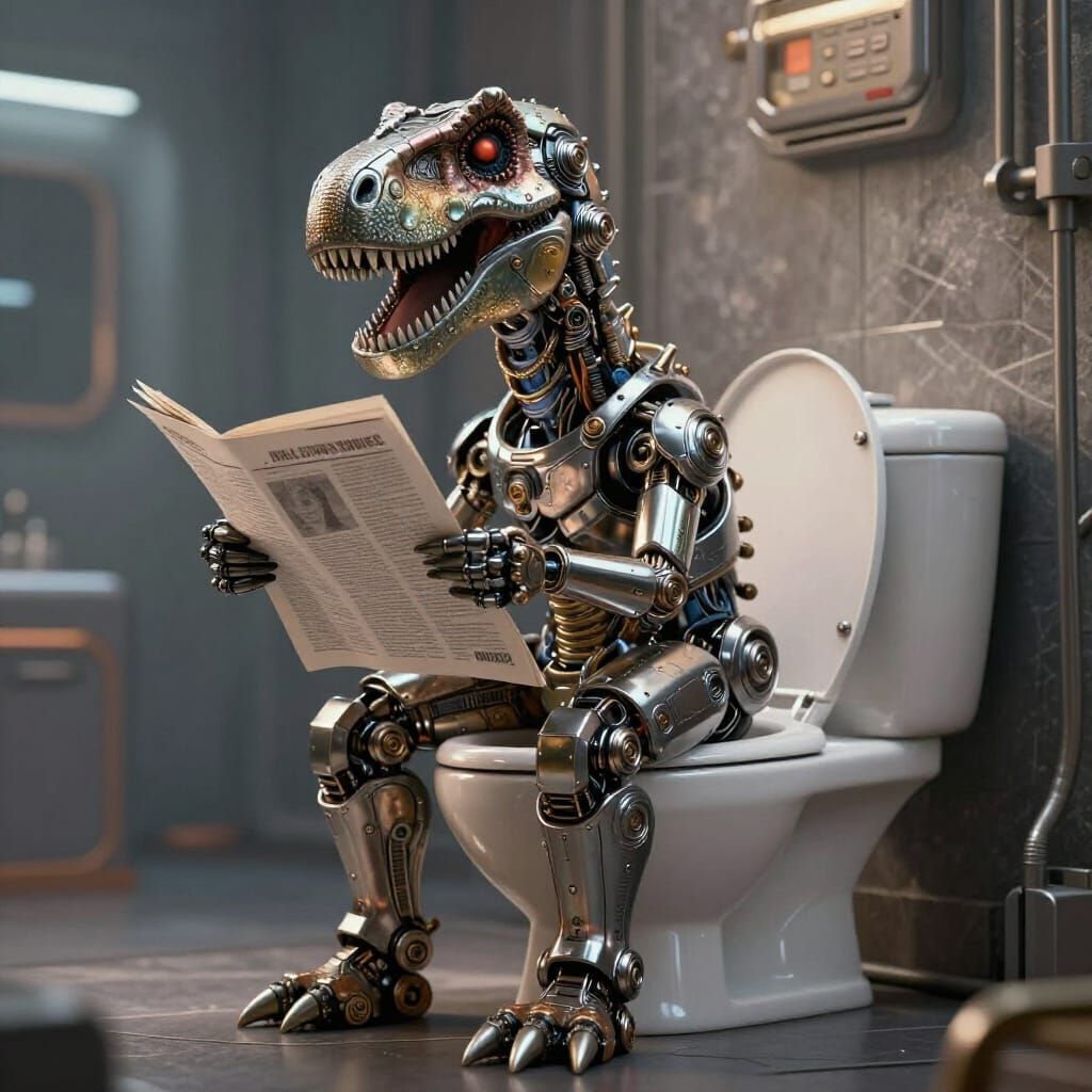 T-Rex on Toilet Reading Paper in Sci-Fi Style