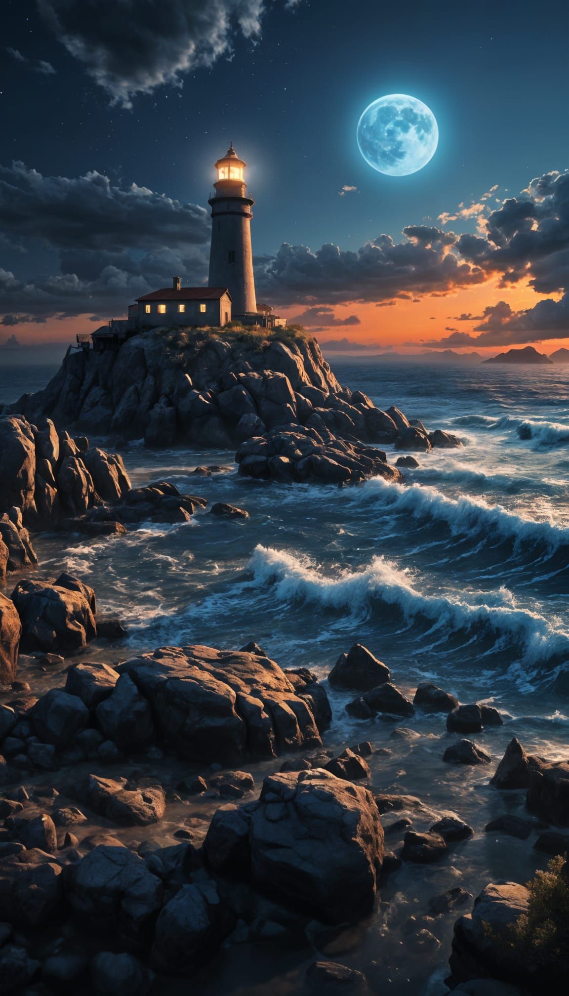 Lighthouse Silhouette at Neon Sunset with Full Moon