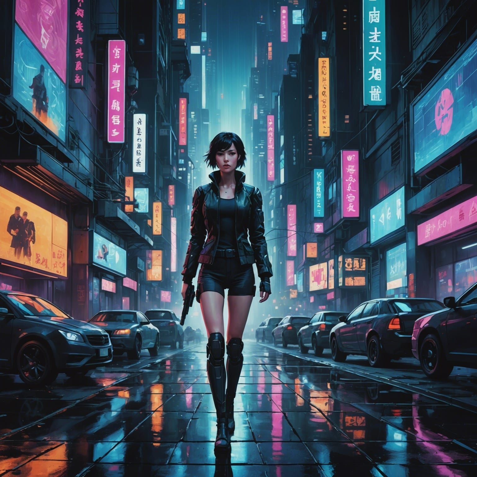 Abstract style painting of a cinematic scene inspired by the movie "Ghost In The Shell", a beautiful female set in a dys...