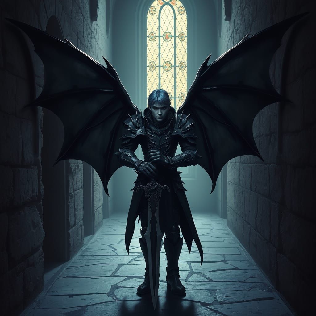 Gothic Winged Figure in Stone Corridor