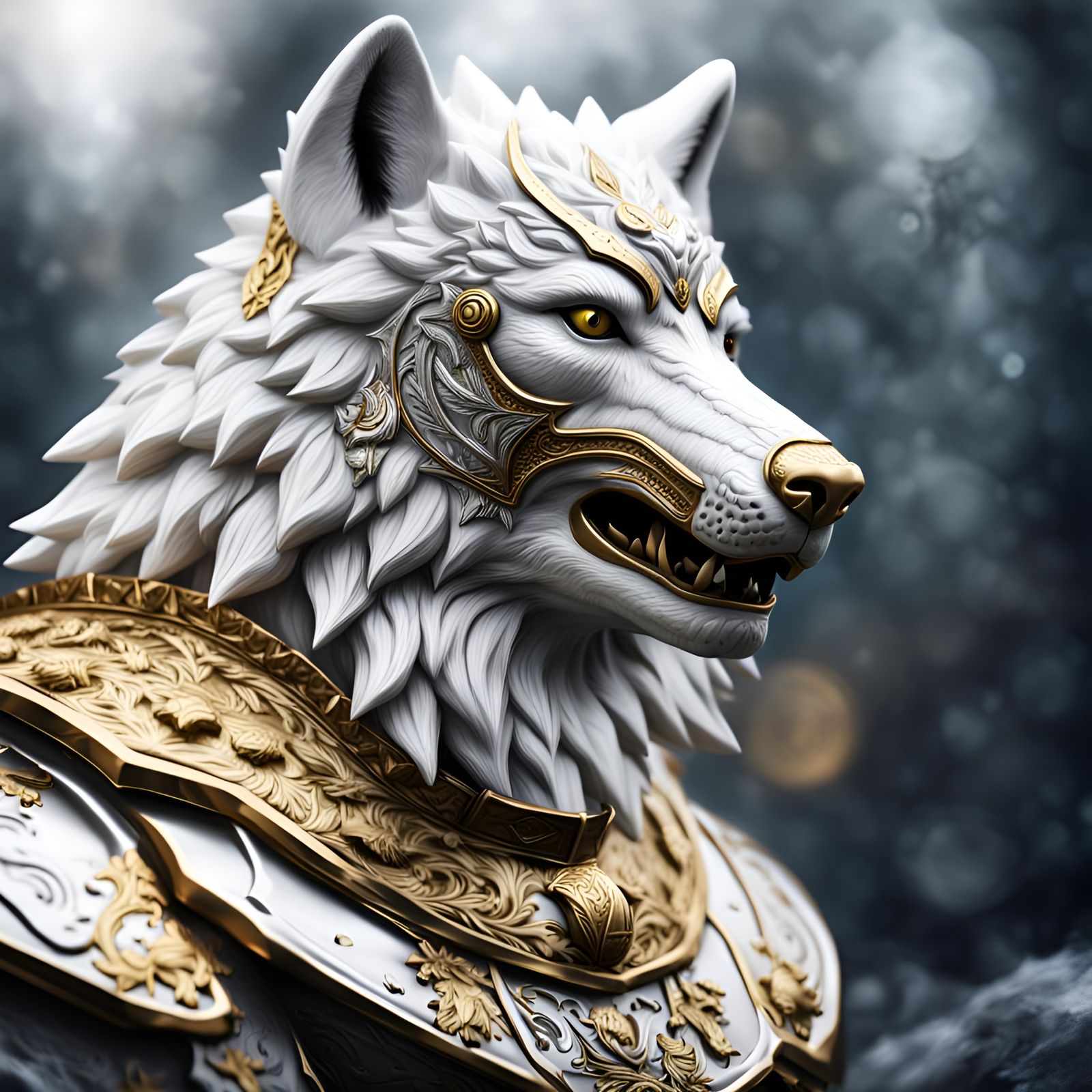 Armored White Wolf in 4K with Gold and White Details