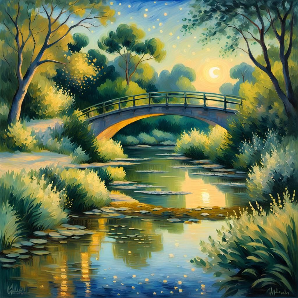 Illuminated Bridge at Dusk: An Impressionist Painting