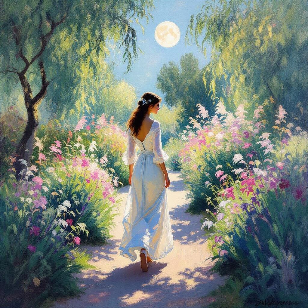 Moonlit Garden Stroll in Impressionist Style