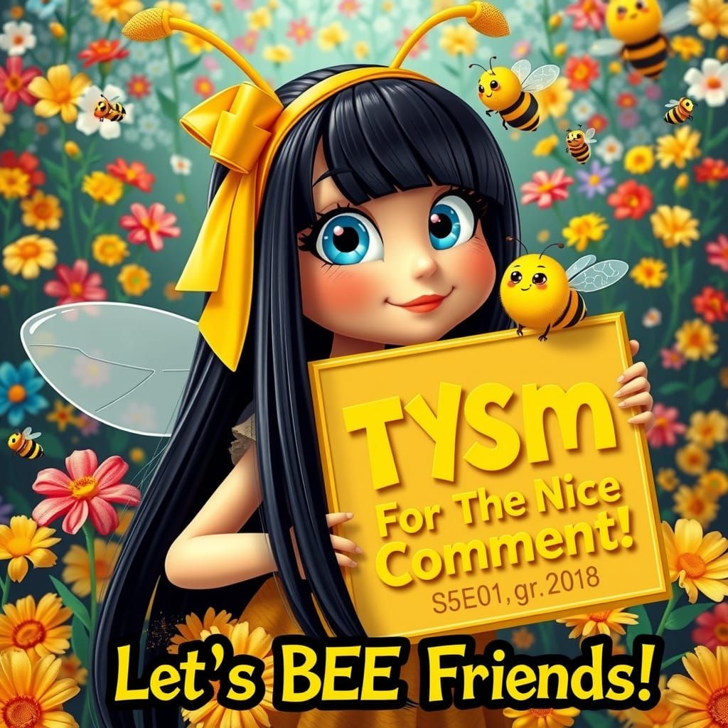 Adorable 3D Bumblebee Girl with Yellow Ribbon and Colorful F...