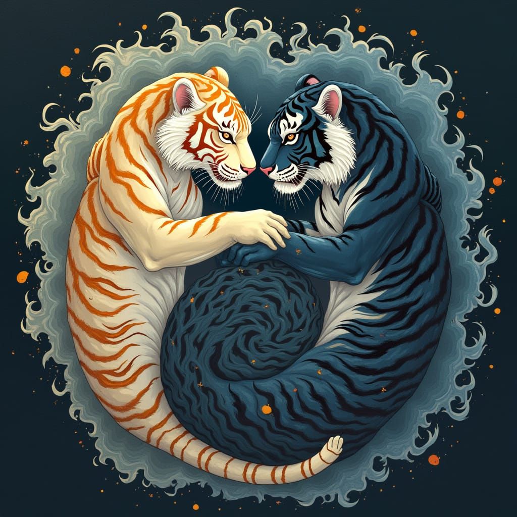 Surreal Fusion of Duality: Ivory and Ebony Tigers in Cosmic...