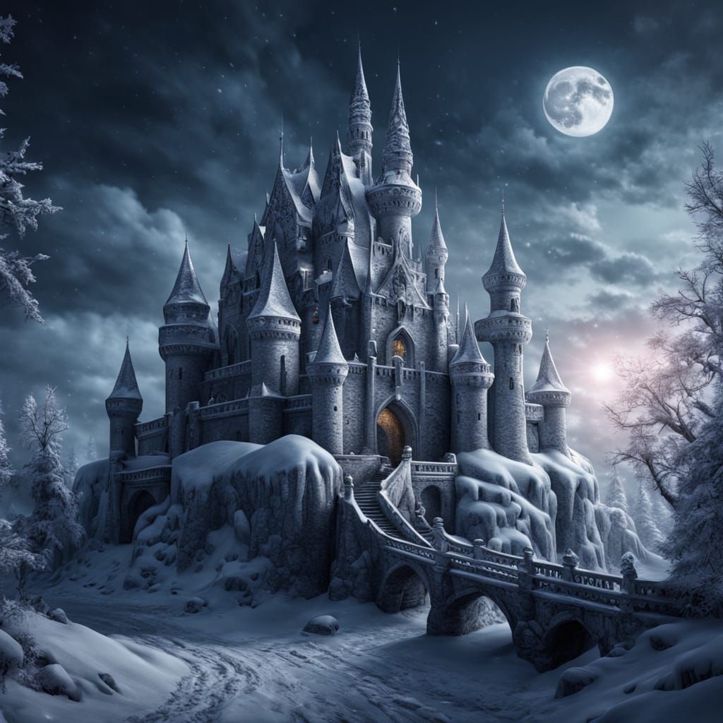 Hyperrealistic Winter Ice Castle in a Snowy Village