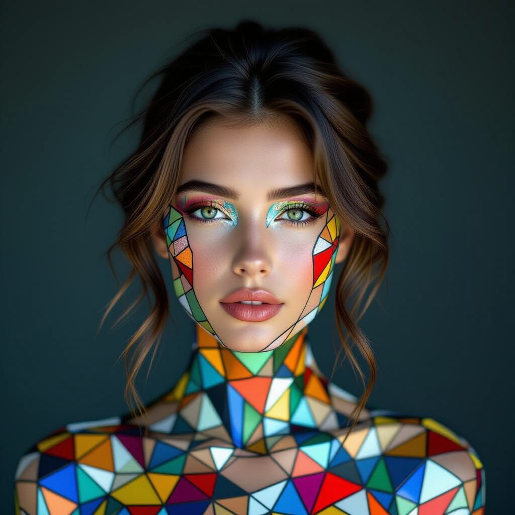 Woman Transformed into Vibrant Geometric Stained Glass Mosai...