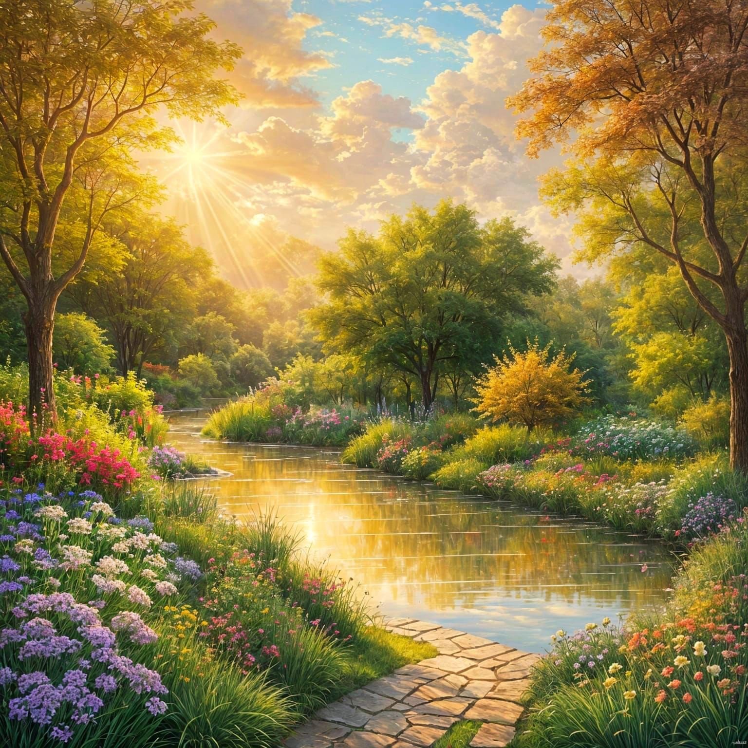 Serene Garden with River and Golden Light