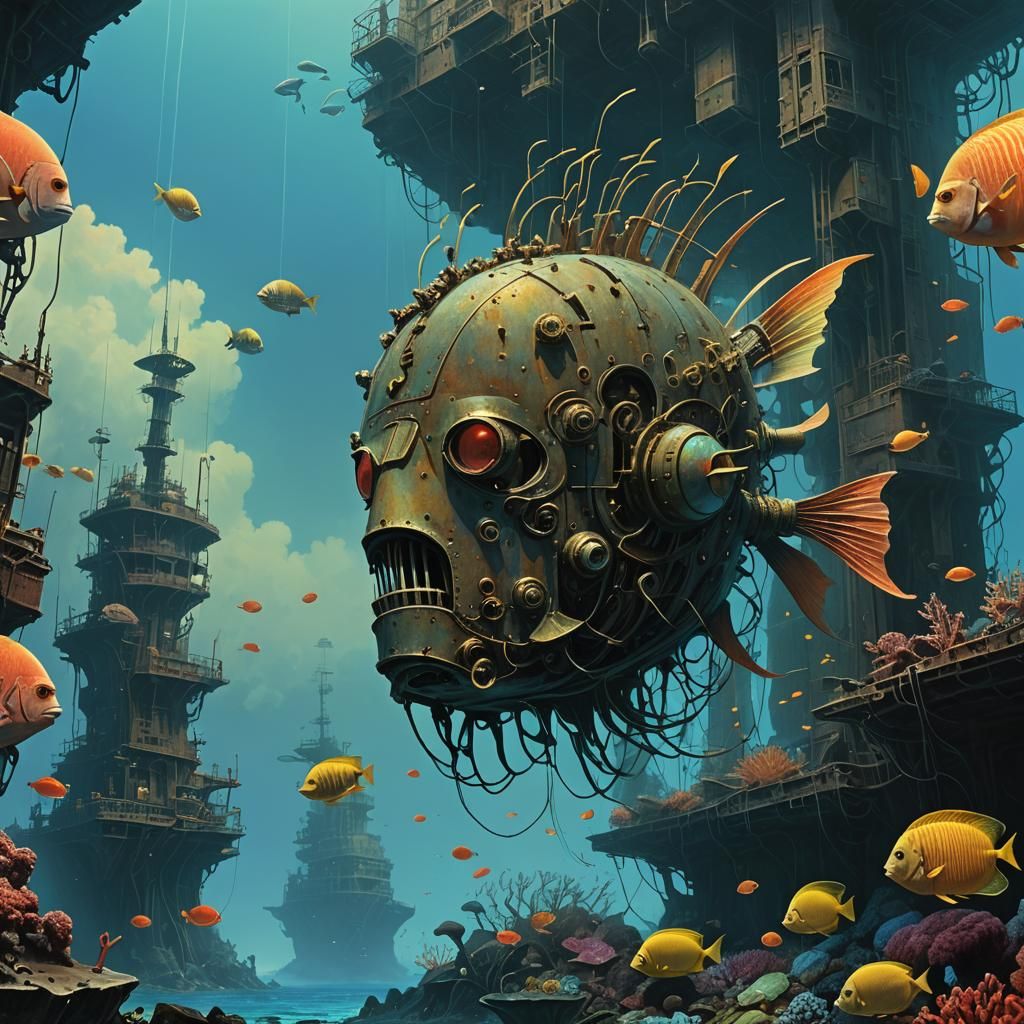 Coral-Encrusted Iron Helm in Underwater Cyberpunk Style