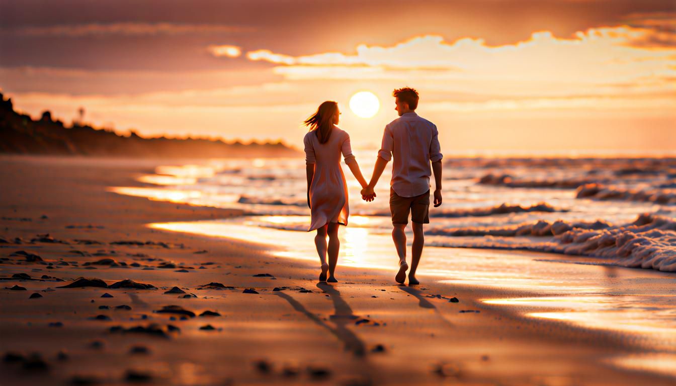 Couple Walking on Beach at Sunset in Hyperrealistic Style